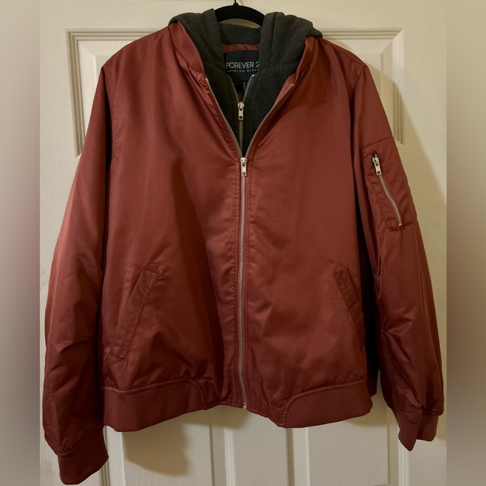 NWOT BROWN AND GRAY HOODED TWOFER BOMBER NEUTRAL CONTEMPORARY CASUAL GORPCORE